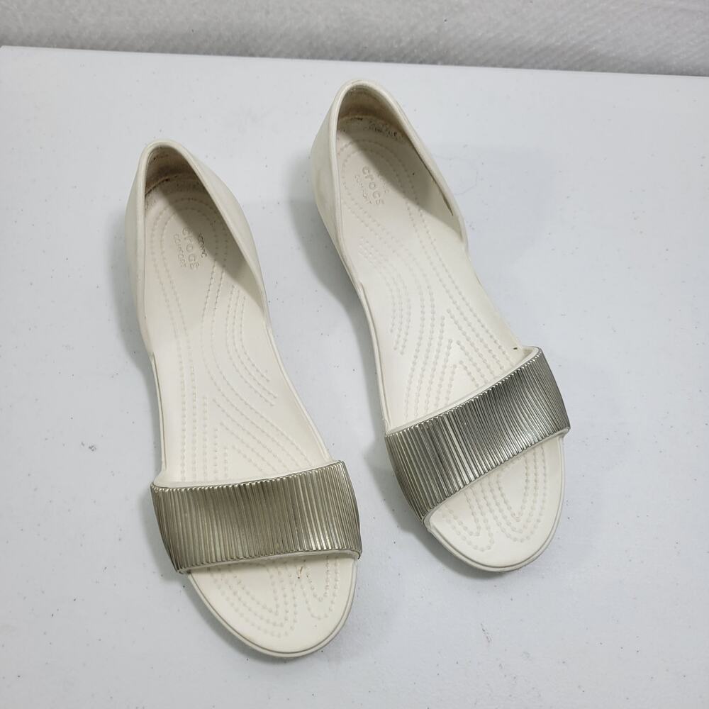 Crocs White Slip On Sandals With Silver Ridged Metal Detail Size 11 12924-2626 - Picture 7 of 7